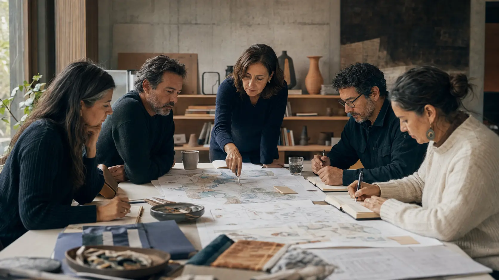 Equipo interdisciplinario analiza documentos y mapas alrededor de una mesa